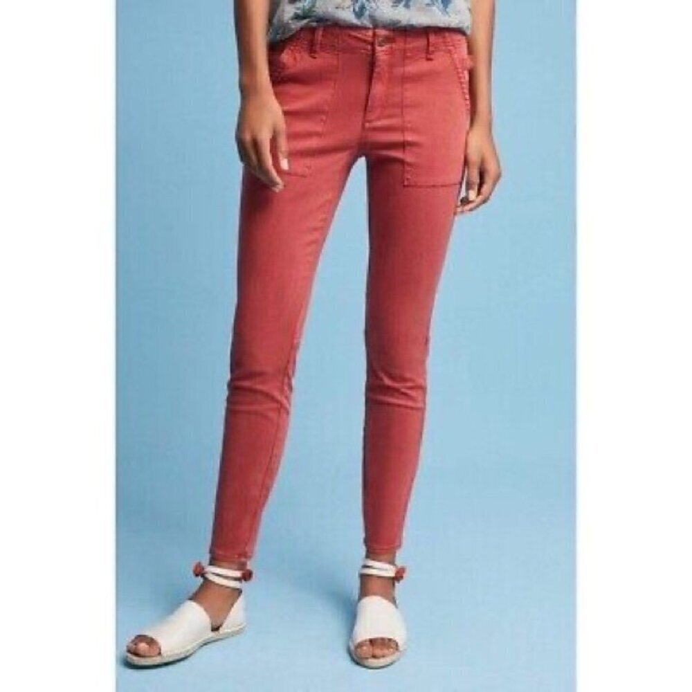 Anthropologie Hei Hei Red Orange Slim Mid Rise Cropped Cargo Pants Sz 29